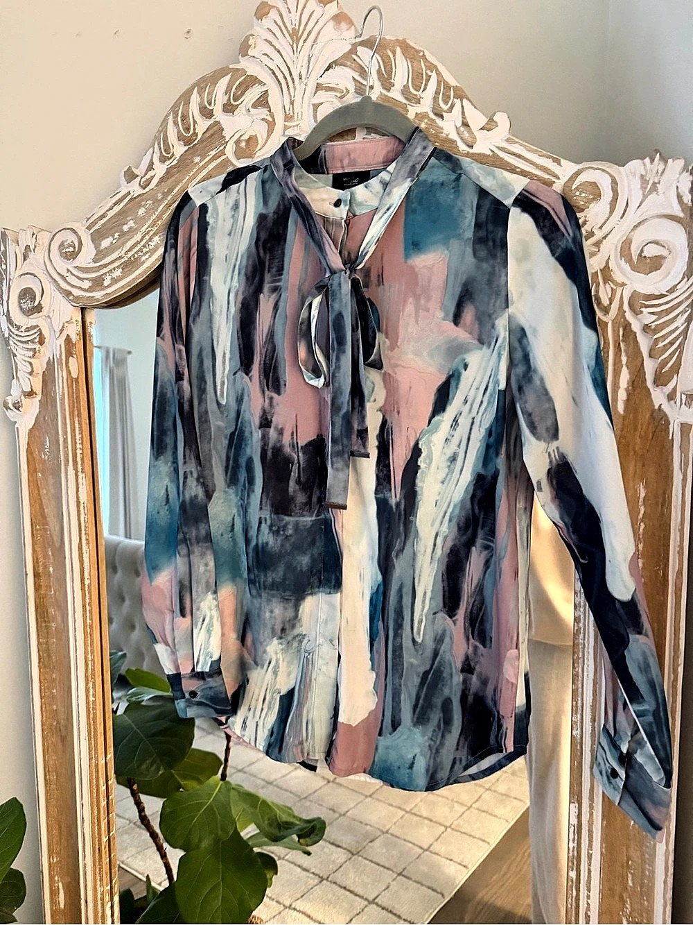 Abstract Print Tie Neck Shirt in Blue & Pink Like New - Picture 3 of 8